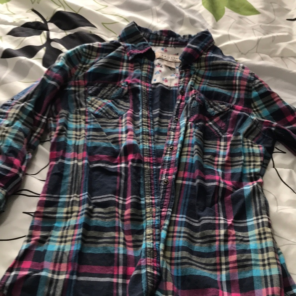 3/4 length sleeve, snap down “flannel” shirt
